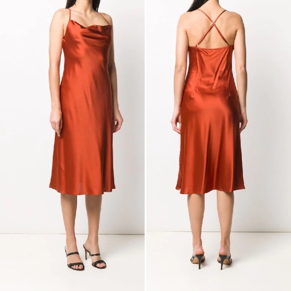 Andamane Delphina Rust Red Orange Silk Satin Slip Midi Dress Side Slit  M NWT - Picture 1 of 16